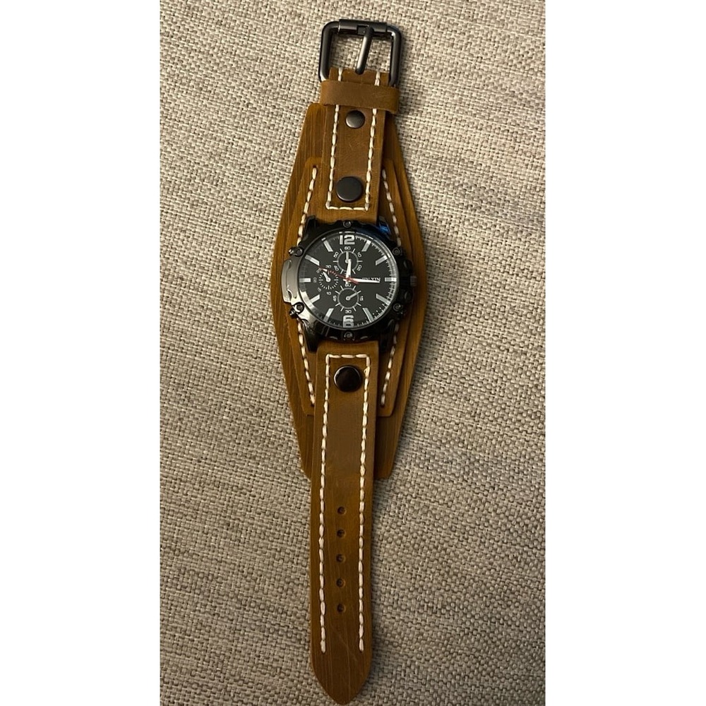 JIN XIN Mens Brown Leather Bund Strap Watch Black Dial Analog Sport Wristwatch